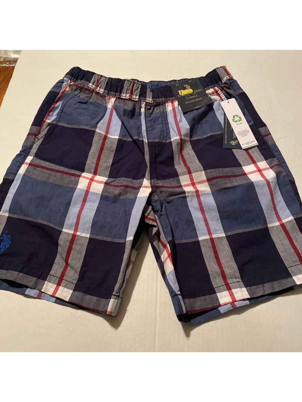 U.S. Polo Assn. Jogger Shorts Men Sz XS Blue Plaid Elastic Cotton Drawstring NWT